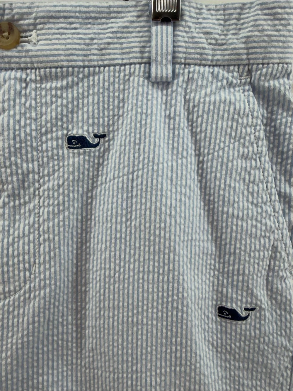 Vineyard vines boys size 14 Blue striped seersucker  Embroidered Whale Shorts
